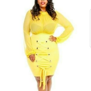 Yellow Sheer Top, Lace Up Dress